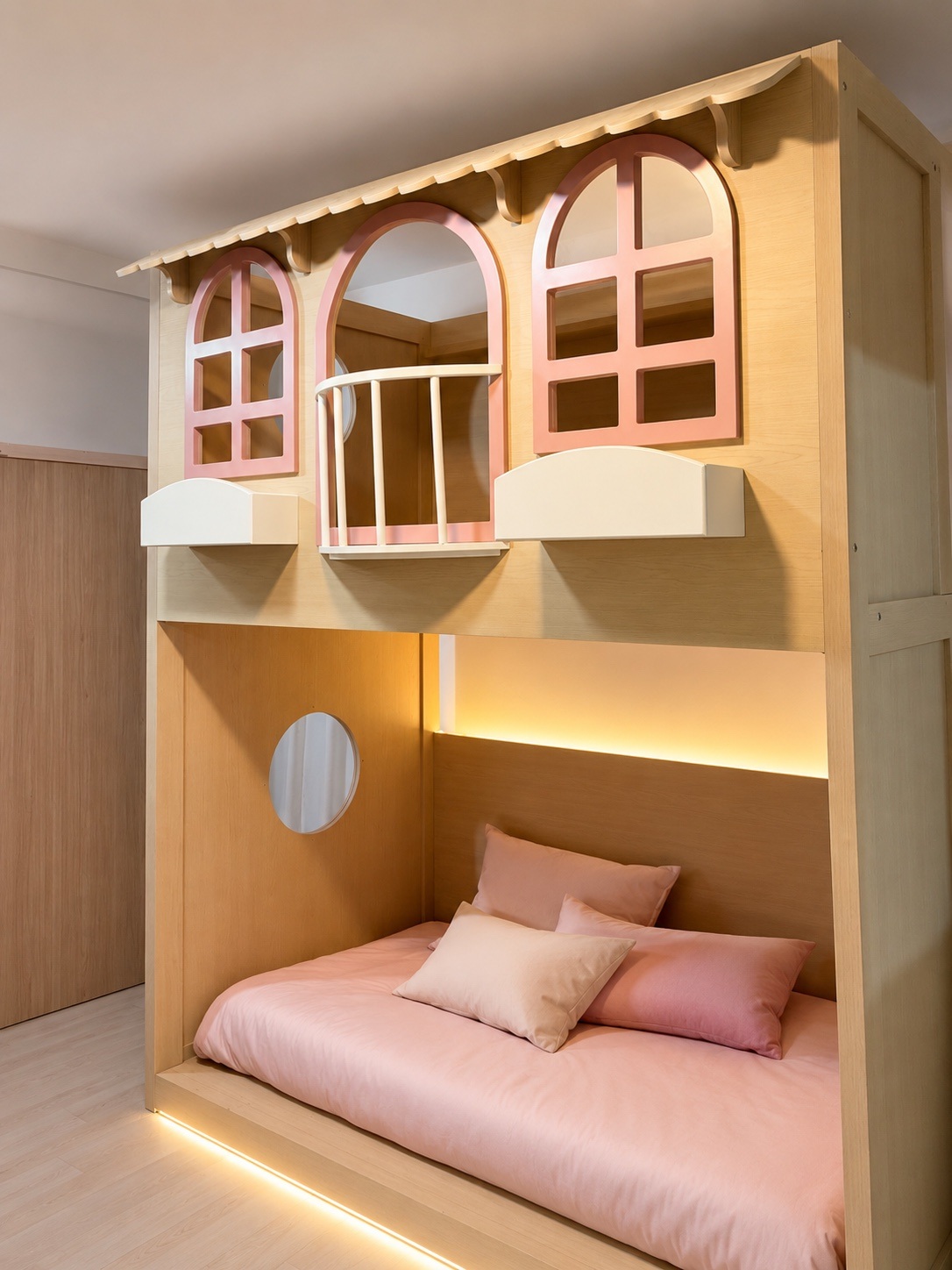 Recámara Casa Rosa en madera clara con detalles rosa pastel